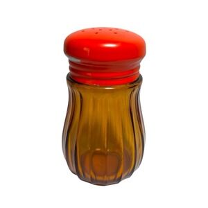 Vintage Takahashi Amber Ribbed Glass Orange Lid Salt‎ Or Pepper Shaker Japan